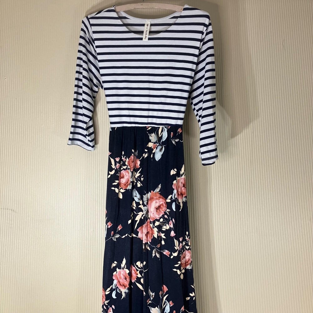 Vanilla Bay Womens Maxi Dress L Navy White Striped Floral Mixed Print VD40158